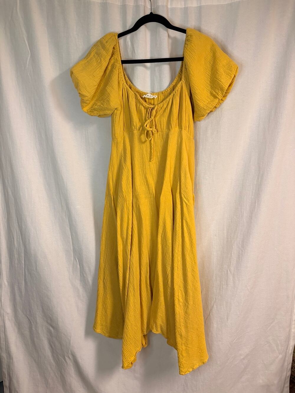 Solai Yellow Gauze Puff Sleeve Cottagecore Midi Dress Size M